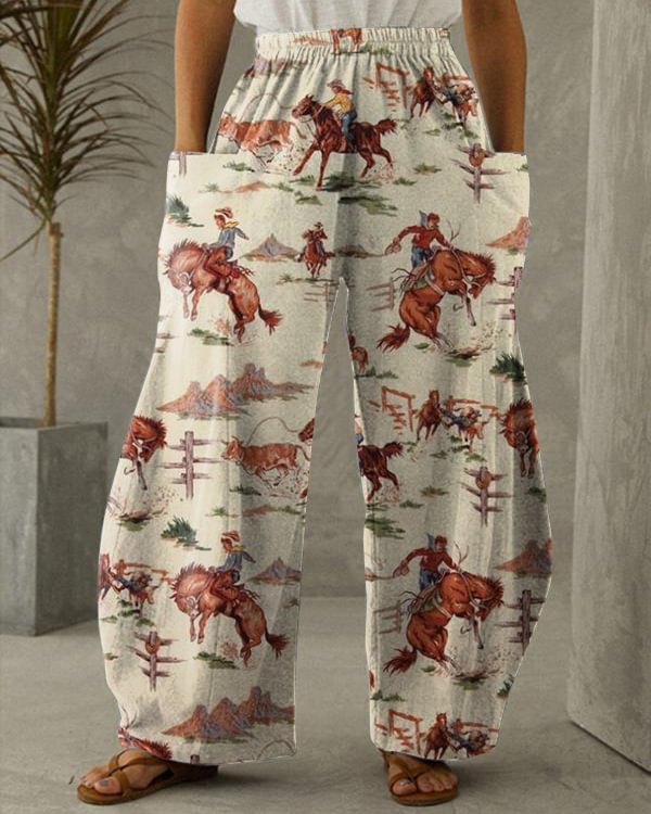 Vintage Western Cowboy Print Casual Wide Leg Pants