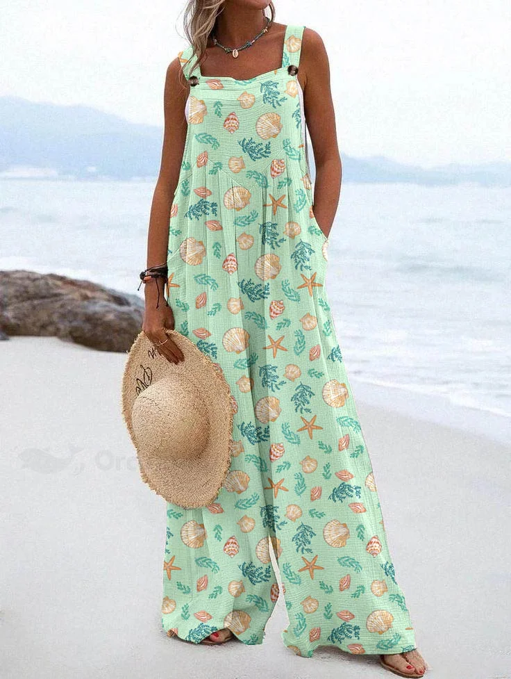 Women's Holiday Elegant Small Shells Seaweed Pattern Loose Linen Material Jumpsuits