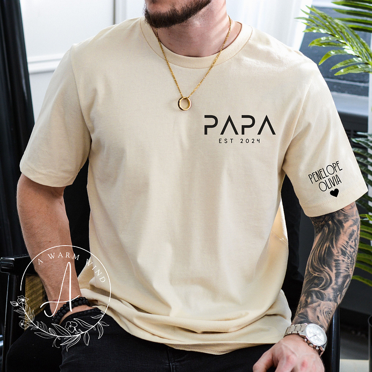 Minimalist Papa T Shirt with Kids Names On Sleeve,Papa Gift,Custom Gift for Dad