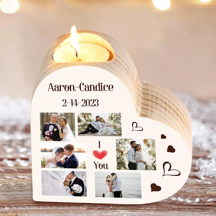 Personalized Love Couple Heart Candle Holder Engrave Photo Wooden Candlesticks Valentines Gift