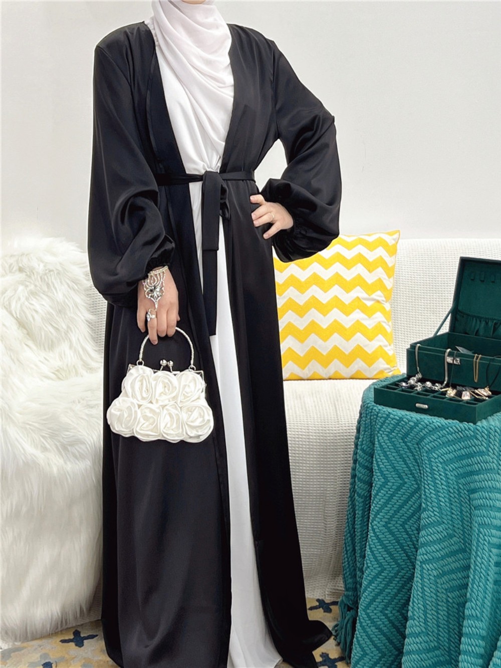 Women's White Pleated Lining Dress + Solid Color Bubble Sleeve Cardigan Set | Oxredo Shop Ramadan Sale