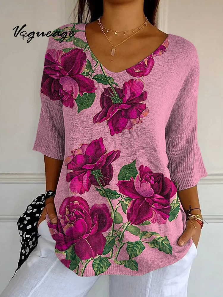 Beautiful And Gentle Peony Printed Knitted Sweater