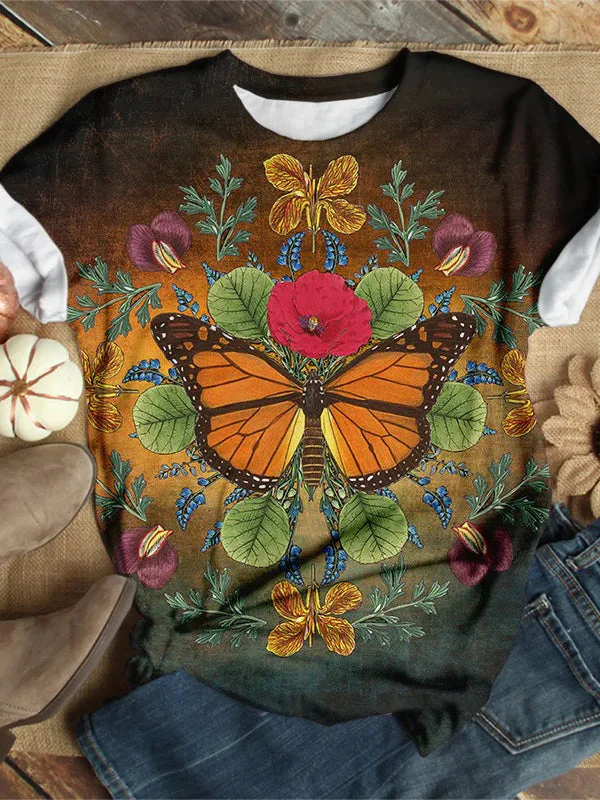 Women's Loose Butterfly Flower Printed Short Sleeve Top