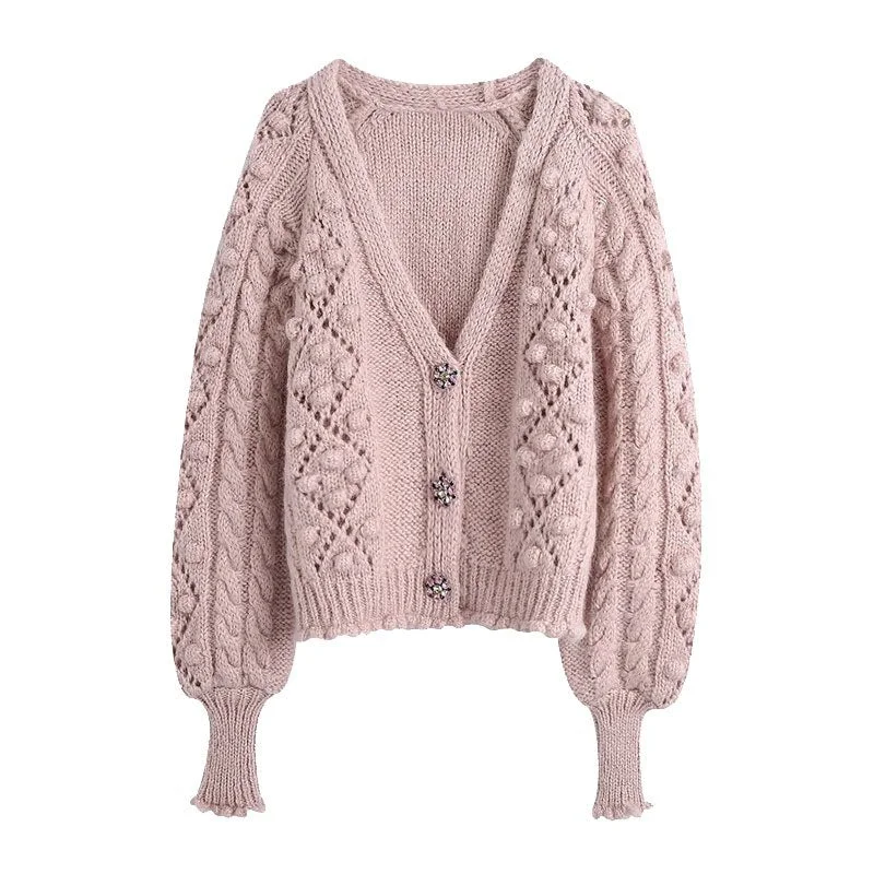 TRAF Women Fashion Gem Buttons Pompom Detail Knitted Cardigan Sweater Vintage Long Sleeve Female Outerwear Chic Tops