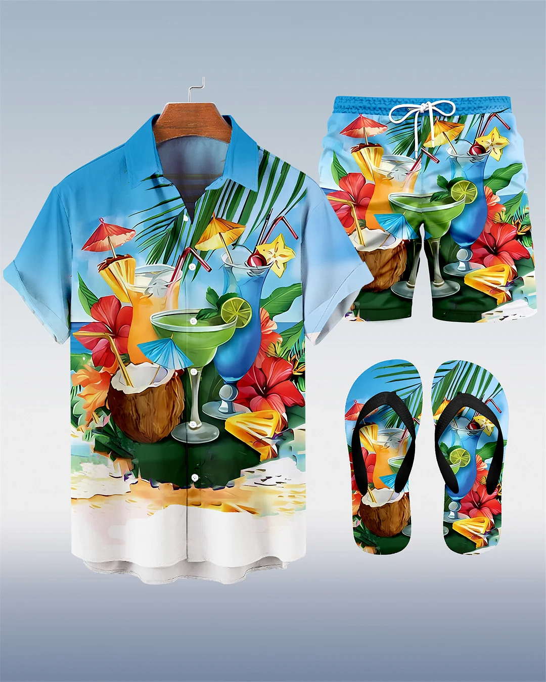 Suitmens Men's Hawaiian Tiki Party Shirt Three-Piece Set 047