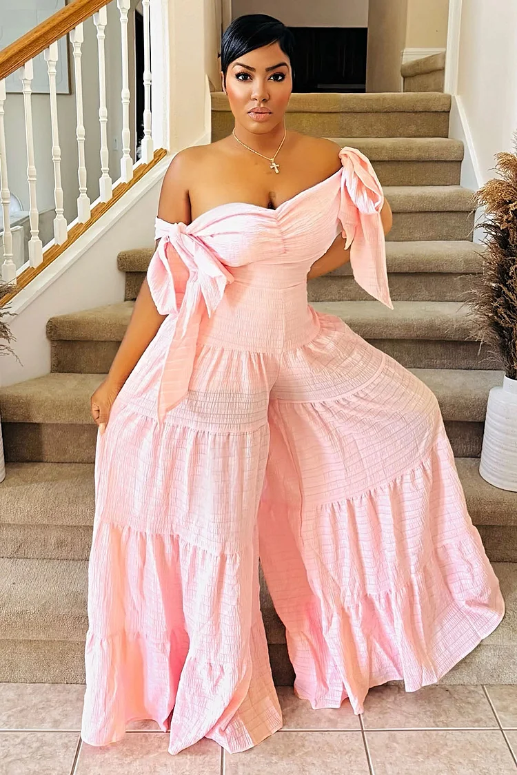 Off Shoulder Ribbon Cinched Vacay Quilted Wide Leg Jumpsuit-Pink [Pre Order]