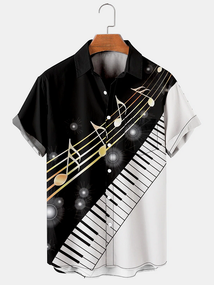 Mens Music Piano Notes Print Casual Breathable Chest Pocket Short Sleeve Hawaiian Shirts