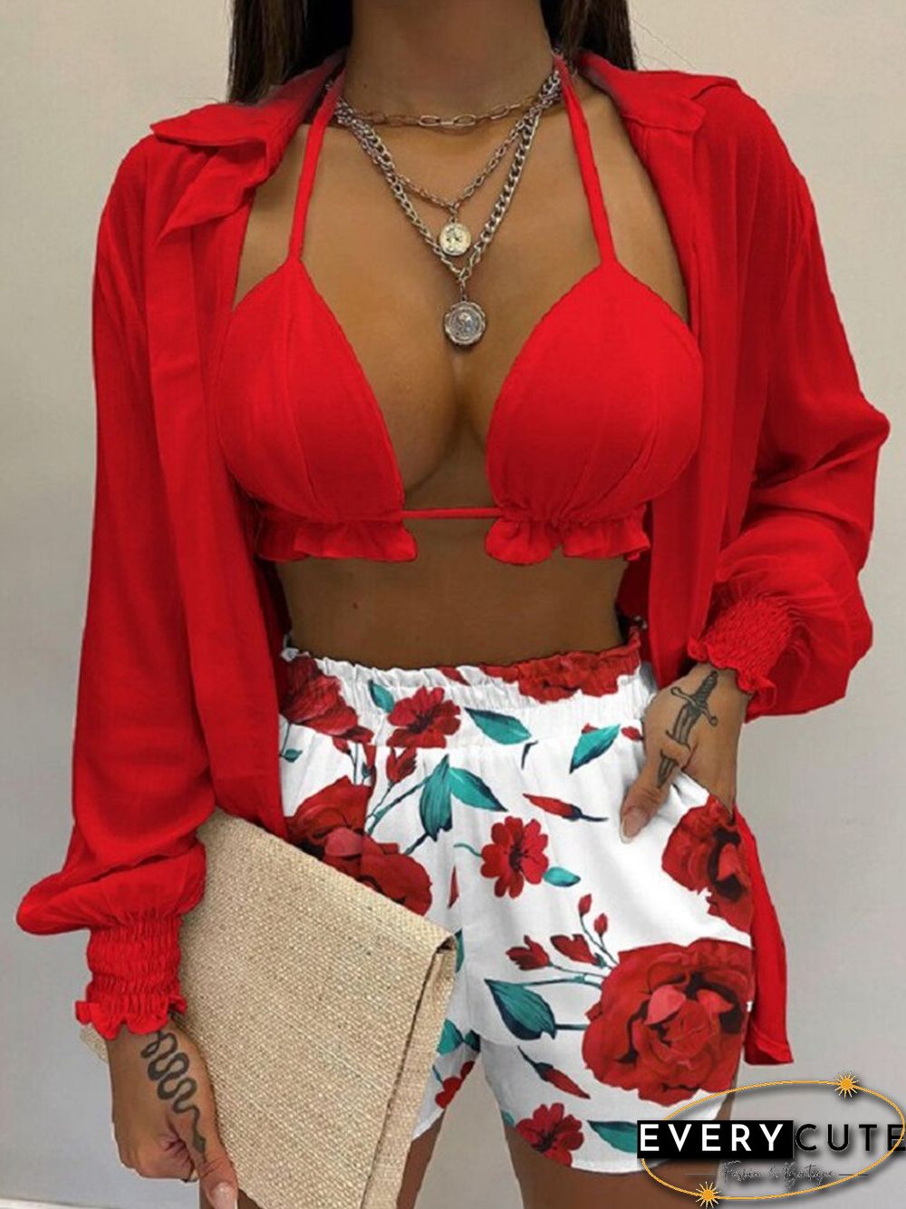 Retro Elegant Print V-Neck Bra Long Sleeve Shirts tops shorts suits beach women casual