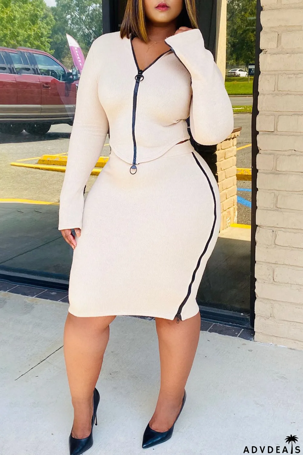 Beige Casual Solid Chains V Neck Long Sleeve Regular Sleeve Two Pieces