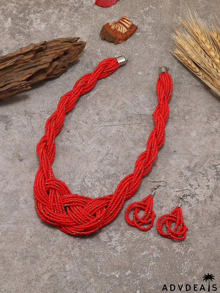 Beaded Layered Necklace & Drop Earrings