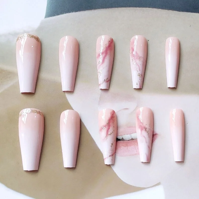 24pcs/Set Coffin Fake Nails Long Nude Gradient Marble Foils Decal Acrylic Ballerina Nail Accessories Art Tips Press On Nails-Nail Inspo