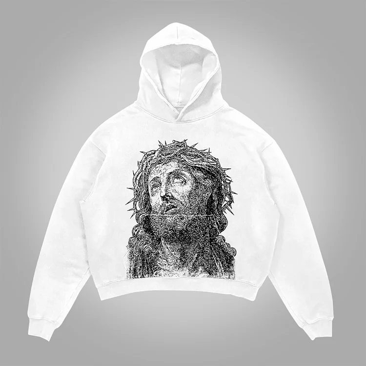 Vintage Jesus Portrait Graphic Print Pocket Hoodie