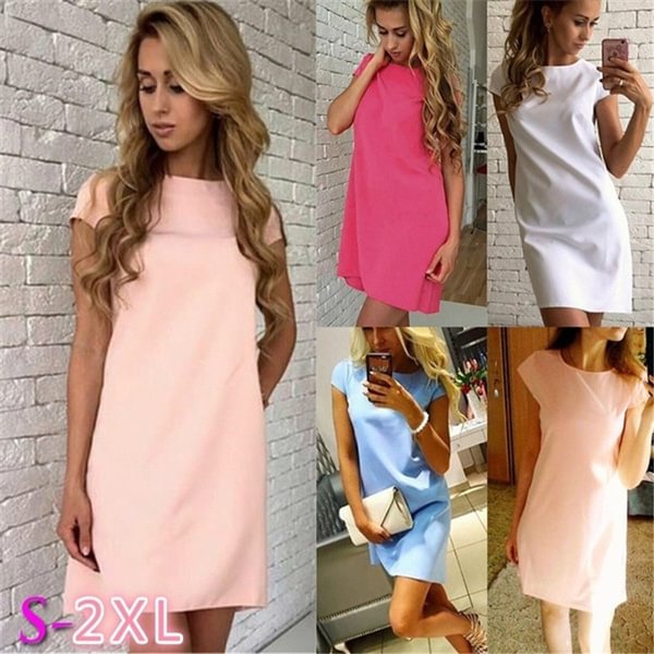 Women's Spring Short Sleeve Loose Mini A-line Candy Color Sweet Dress - BlackFridayBuys