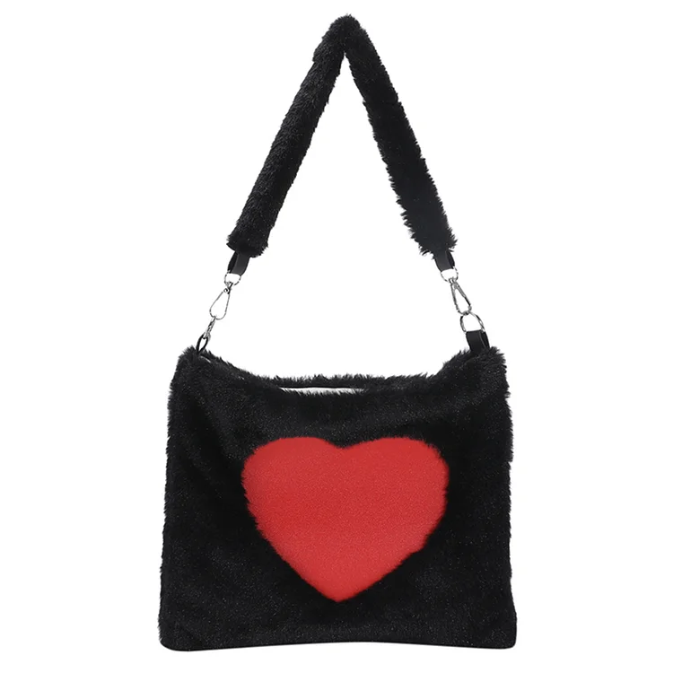 Plush Shoulder Bag Fashion Love Heart Pattern Ladies Tote Soft for Work (Black)