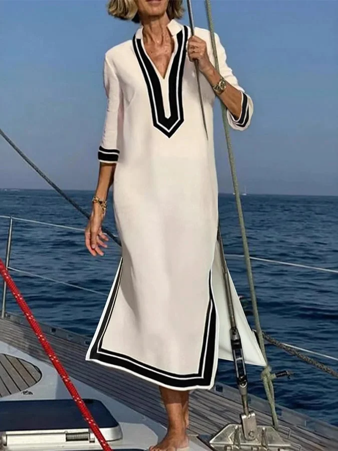 Women'S Contrast Color V-Neck Ethnic Print Dress 