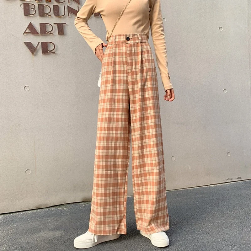 Zoki Plaid Women Pants Elastic High Waist Korean Fashion Plus Size Loose Spring Ladies Full Straight Pants Casual Trousers S-4XL