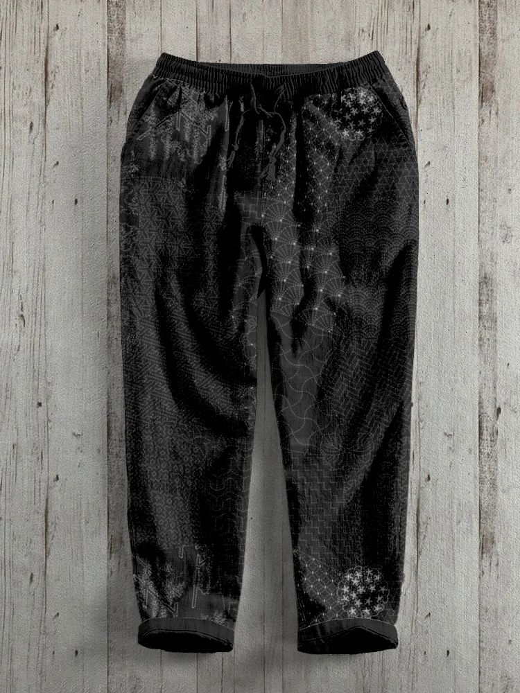 Japanese Traditional Sashiko Art Linen Blend Cozy Pants