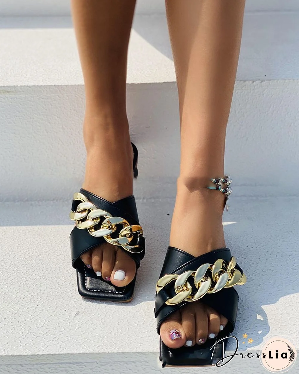 Square-toe Solid Color Splicing Chain Flat Slippers