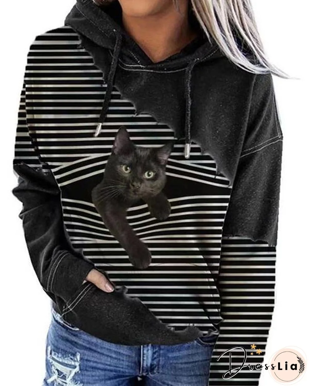 Women Fashion Cat Print Drawstring Hoodies