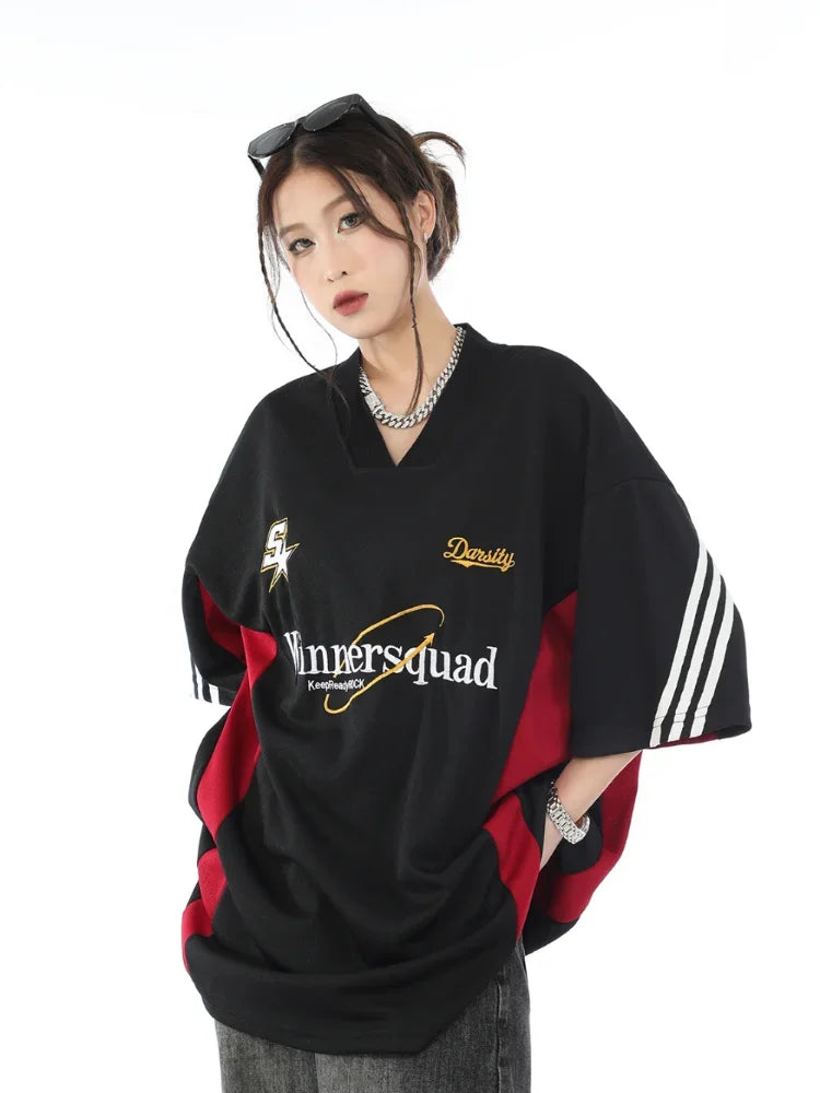 OLCooL Embroidery Basketball Women T Shirts Sporty Short Sleeve Tees Hip Hop V-neck Female Tops Oversized Streetwear Clothes olcool