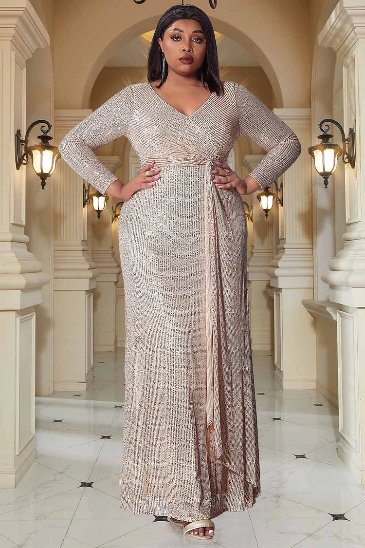 Xpluswear Design Plus Size Formal Maxi Dresses Elegant Champagne V Neck Long Sleeve Sequin Maxi Dresses [Pre-Order]