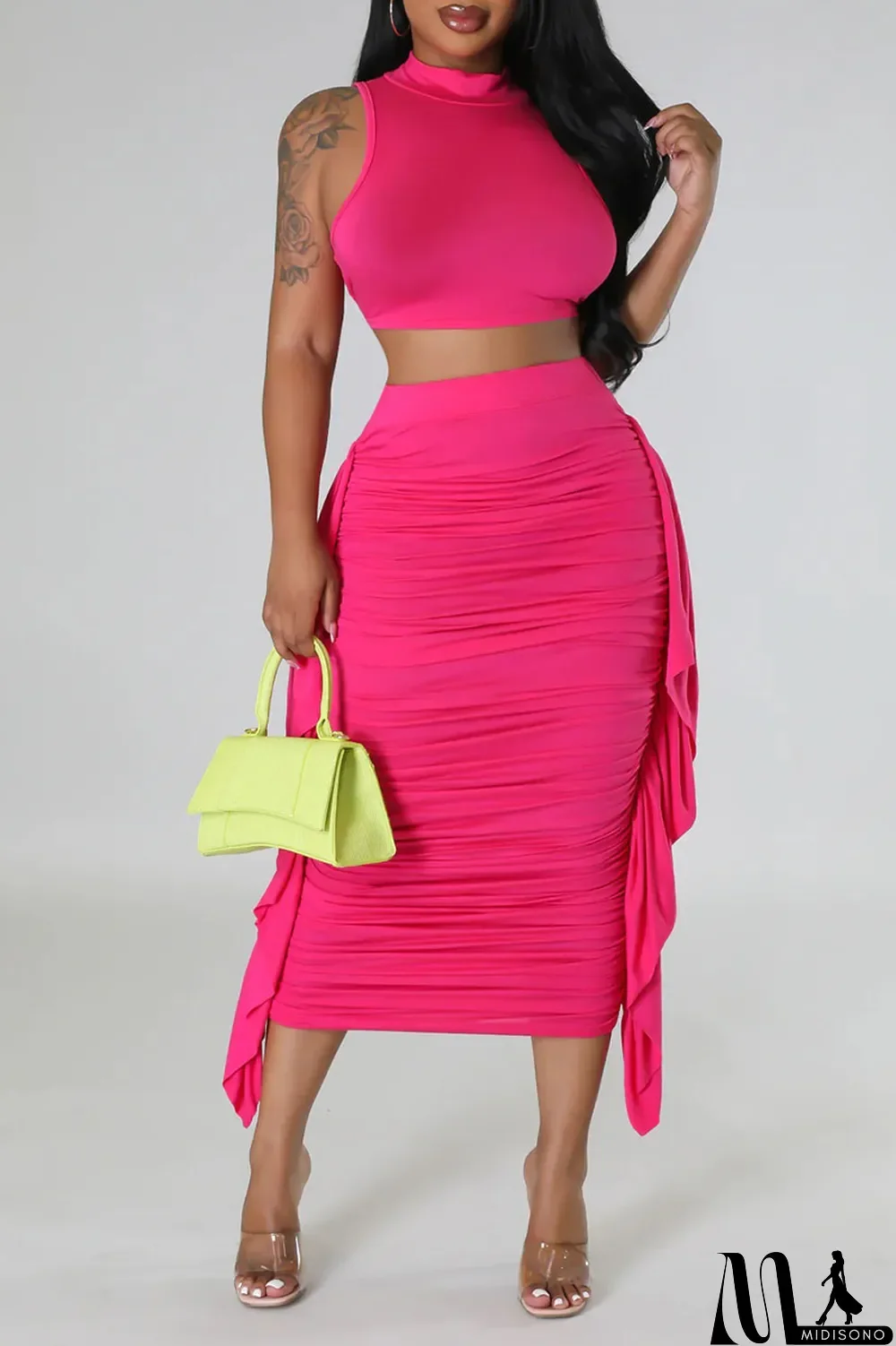 MidiSono - Rose Red Sexy Solid Patchwork Flounce Fold O Neck Sleeveless Two Pieces