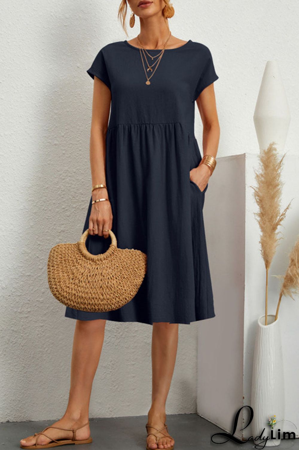 Casual Solid Patchwork O Neck A Line Short Sleeve Dress(11 colors)