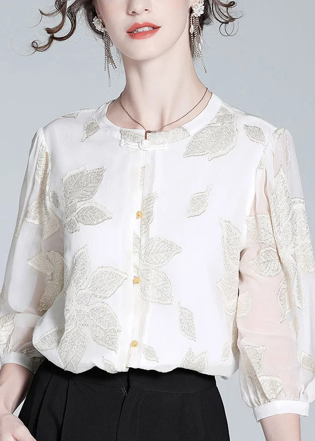 Fine White O-Neck Embroideried Print Button Silk Top Spring