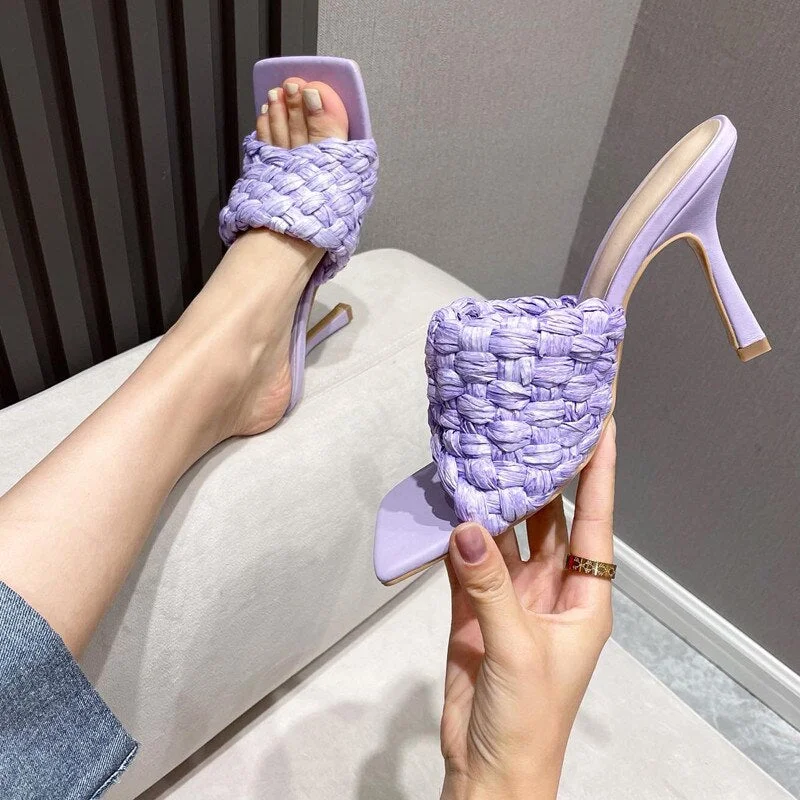 2021 New Candy colors Soft leather Women Slippers Fashion Square toe Weave Mules Sandals Summer Outside High heels Female Slides