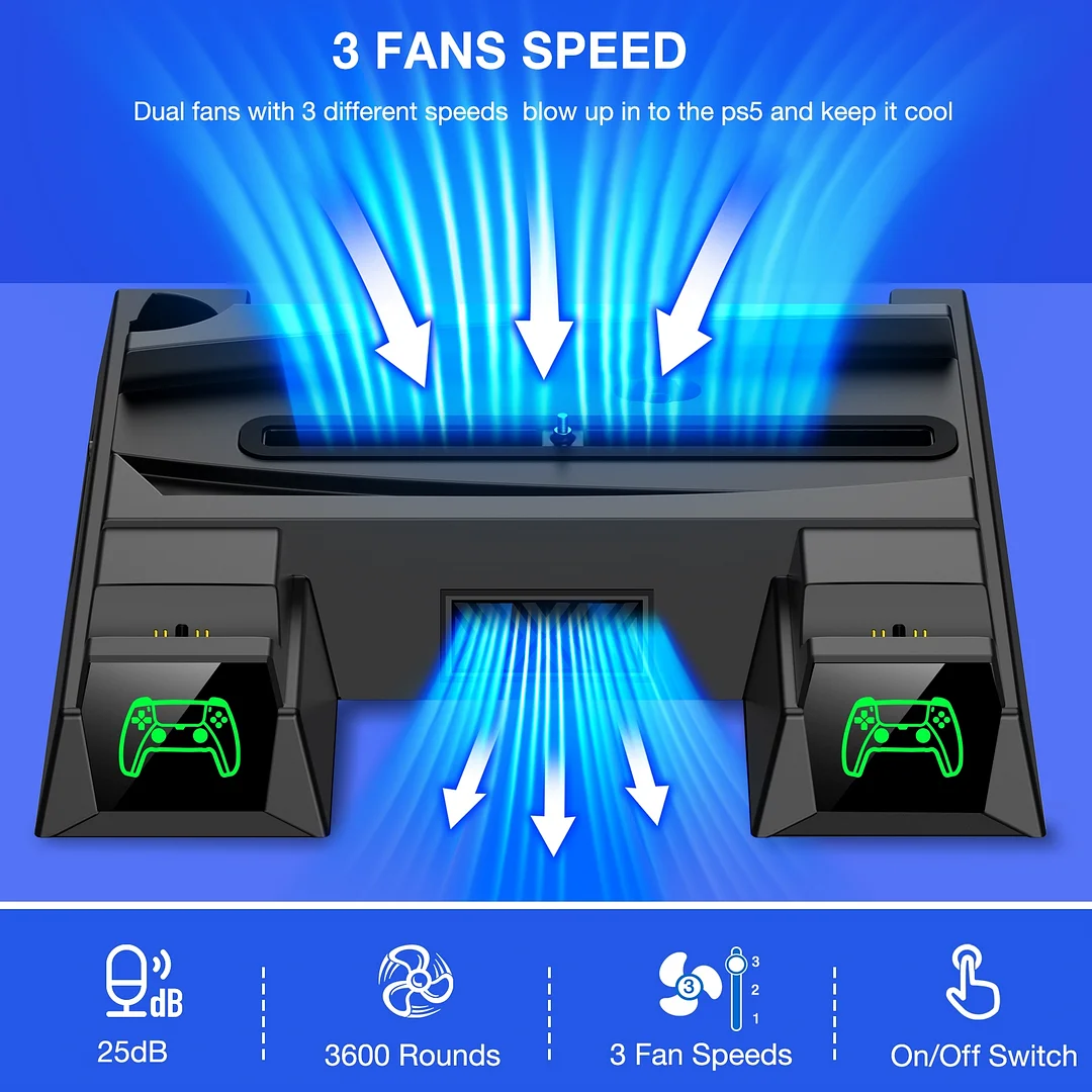 DinoFire Vertical Stand for PS5 with 2 Cooling Fan, Controller Charging Station for PS5 Dualsense/Digital/Disc Edition