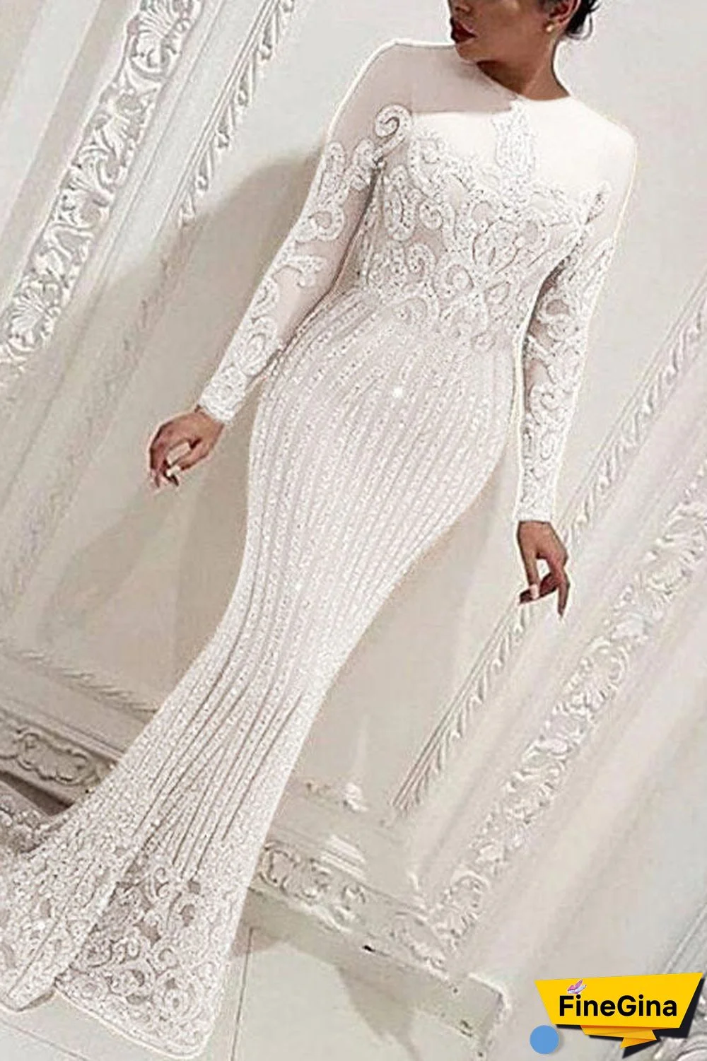 White Long Sleeve Mermaid Evening Formal Dress