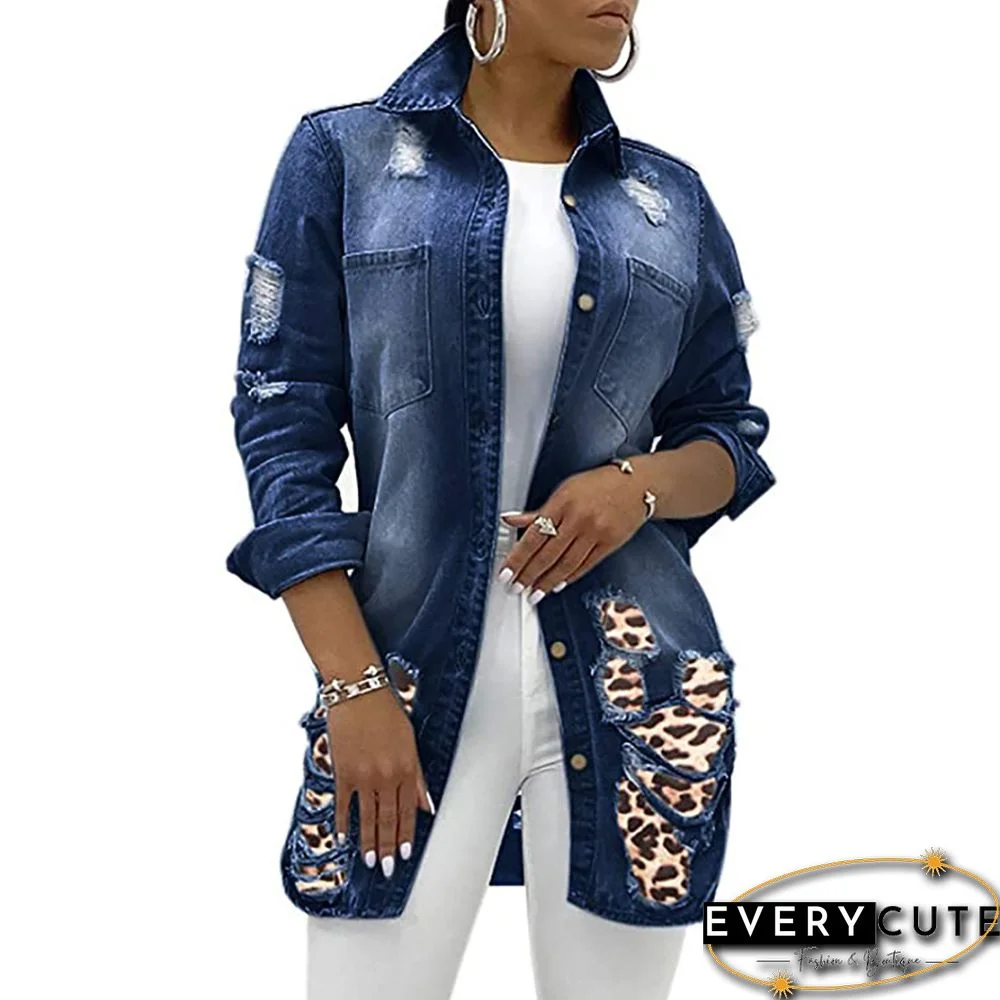 Navy Blue Spliced Leopard Patches Denim Jacket