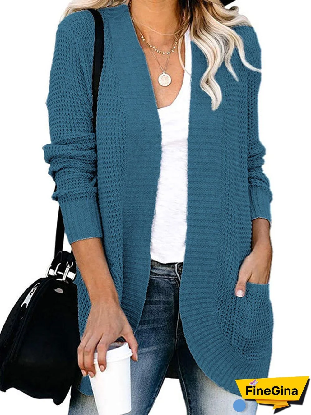 Women's Waffle Solid Color Stitching V-neck Long Sleeve Coat