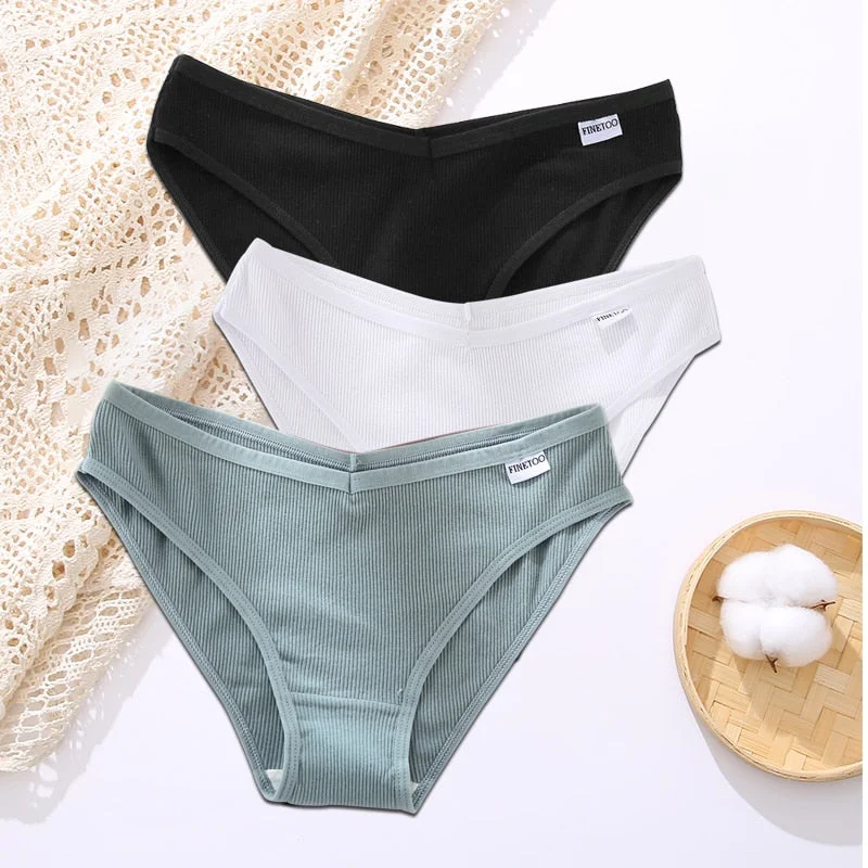 FINETOO 3PCS/Set Lingerie Sexy Women Cotton Panties Underwear Female Underpants 8 Solid Color Soft Woman Briefs Intimates M-XL
