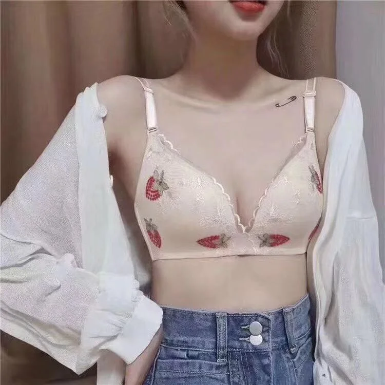 Fruit embroidered lace cute bra without steel ring wireless wireless push up sexy bra female small chest AB bra underwear underw