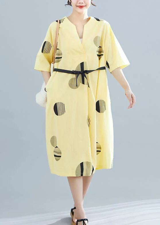 Unique yellow dotted cotton linen clothes For Women v neck half sleeve daily summer Dress