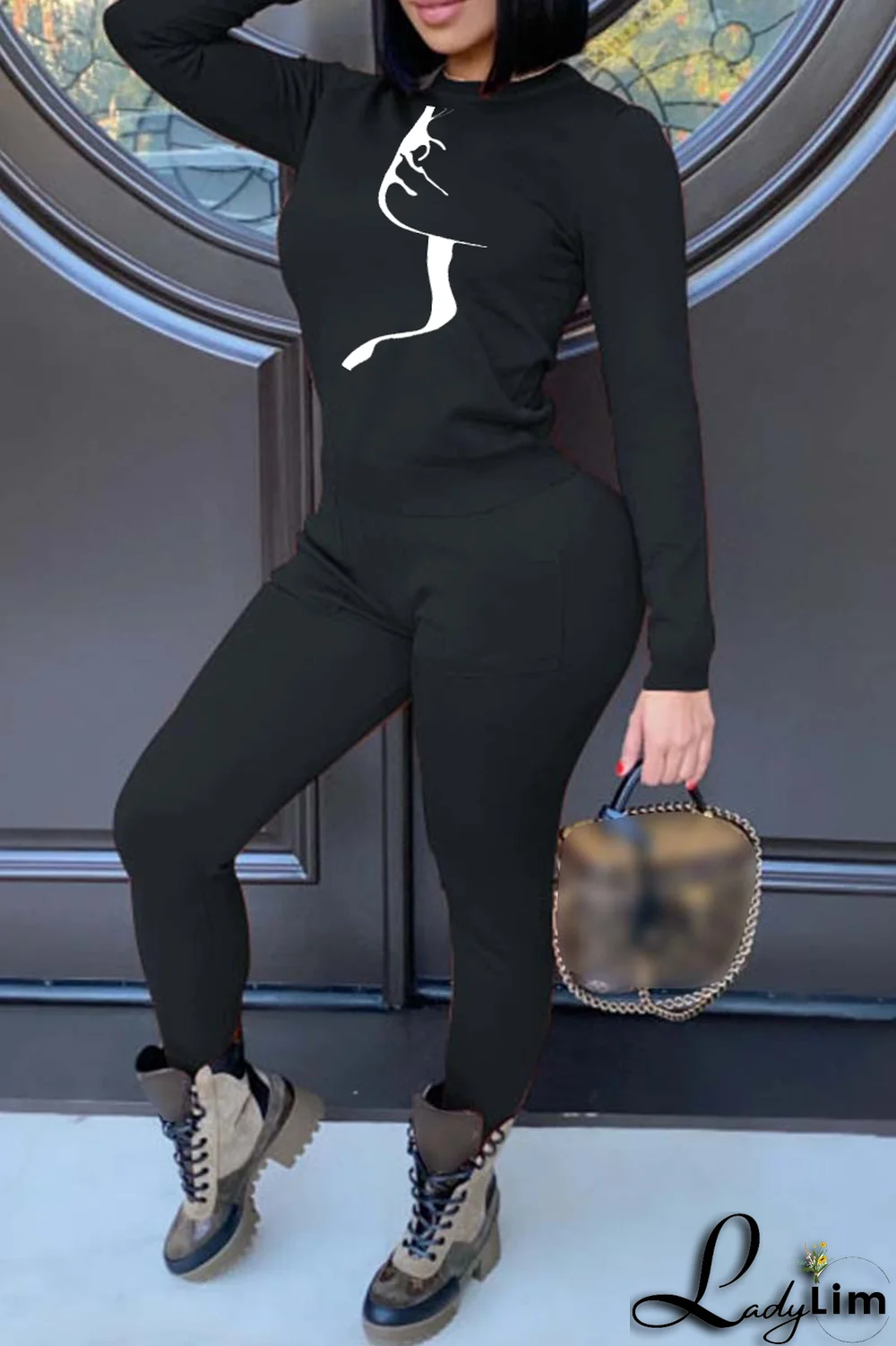 Black Casual Street Print Patchwork O Neck Tops