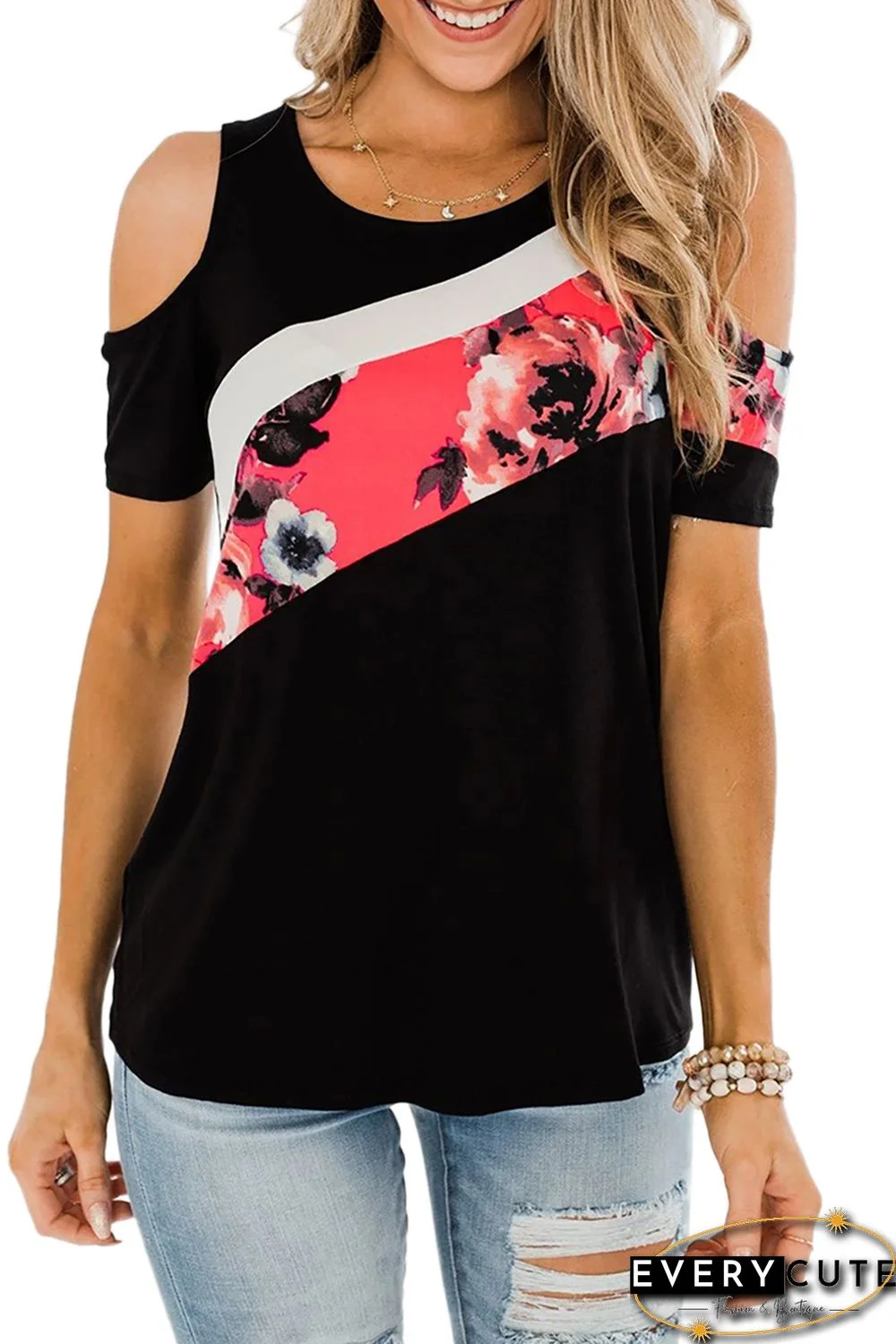 Floral Colorblock Cold Shoulder Top