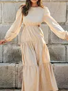 Simple Solid Color Belly-Hollow Long Sleeve A-Line Midi Dress