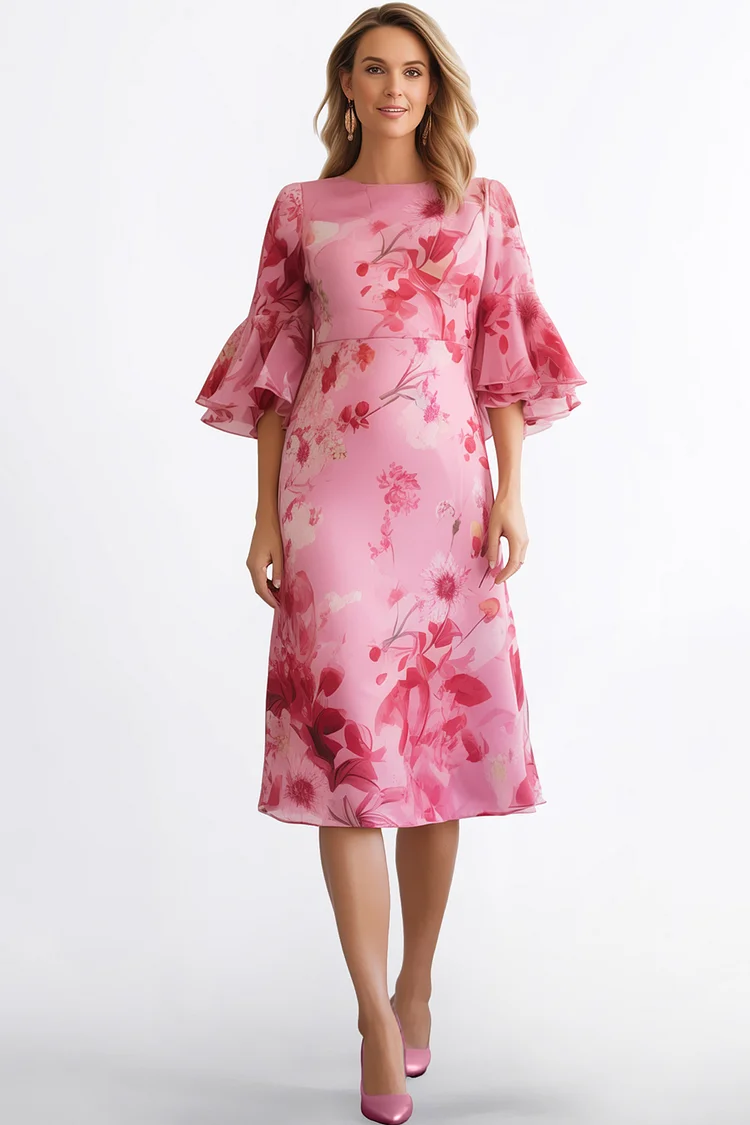 Zaruci Everyday Pink Organza Floral Print Flare Sleeve Midi Dress [Pre-Order]