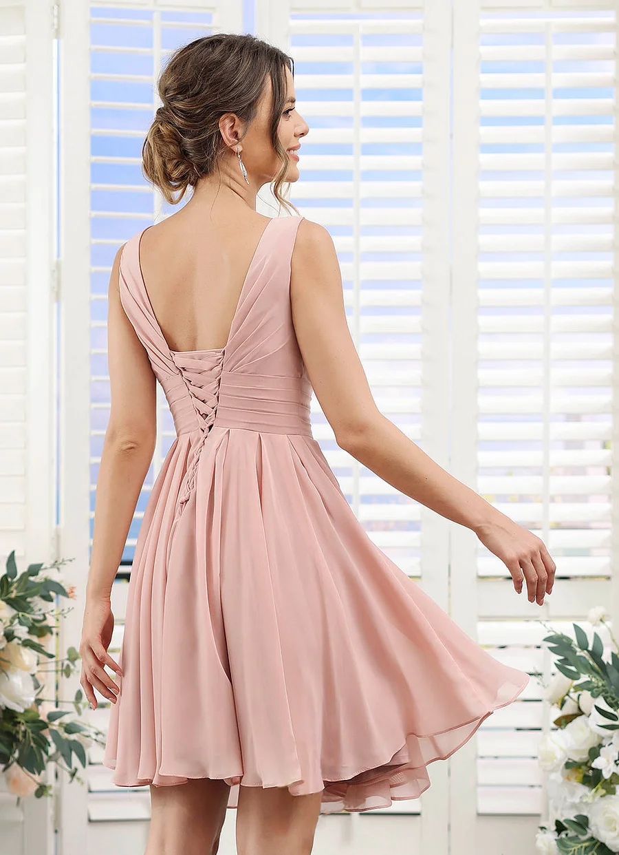 Miabel Elegant Pink Chiffon Short Dress With Pockets