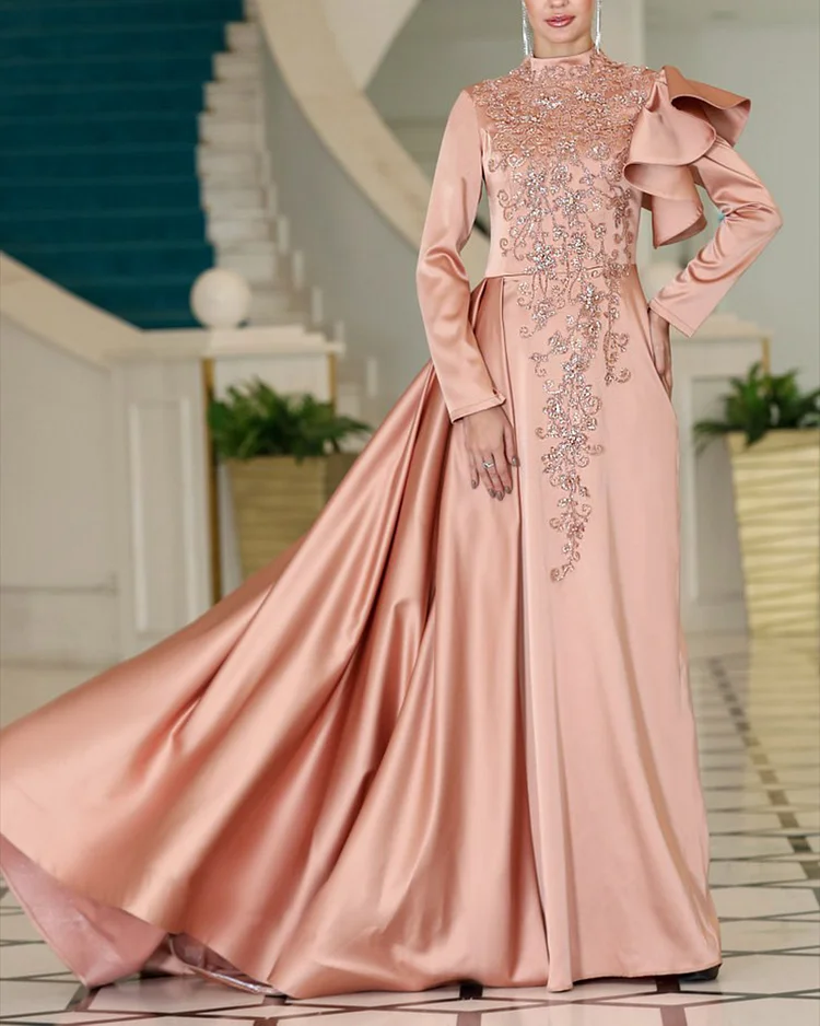 Women's Pink Satin Embroidered Dress