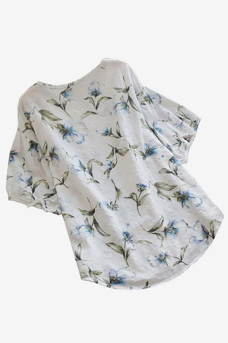 Irregular Neck Short Puffy Sleeve Floral Plaid Print Irregular Hem Linen Casual Top