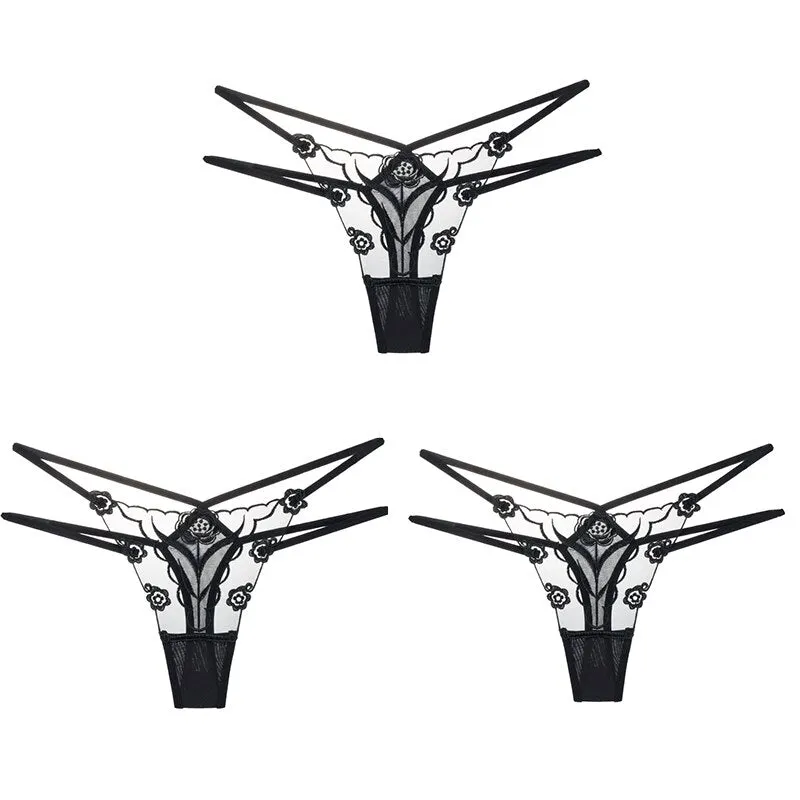Sexy Lace Floral Thong Ladies Panties Embroidered Hollow Out Lingerie Female Temptation Mesh Perspective G-String 3pcs Underwear