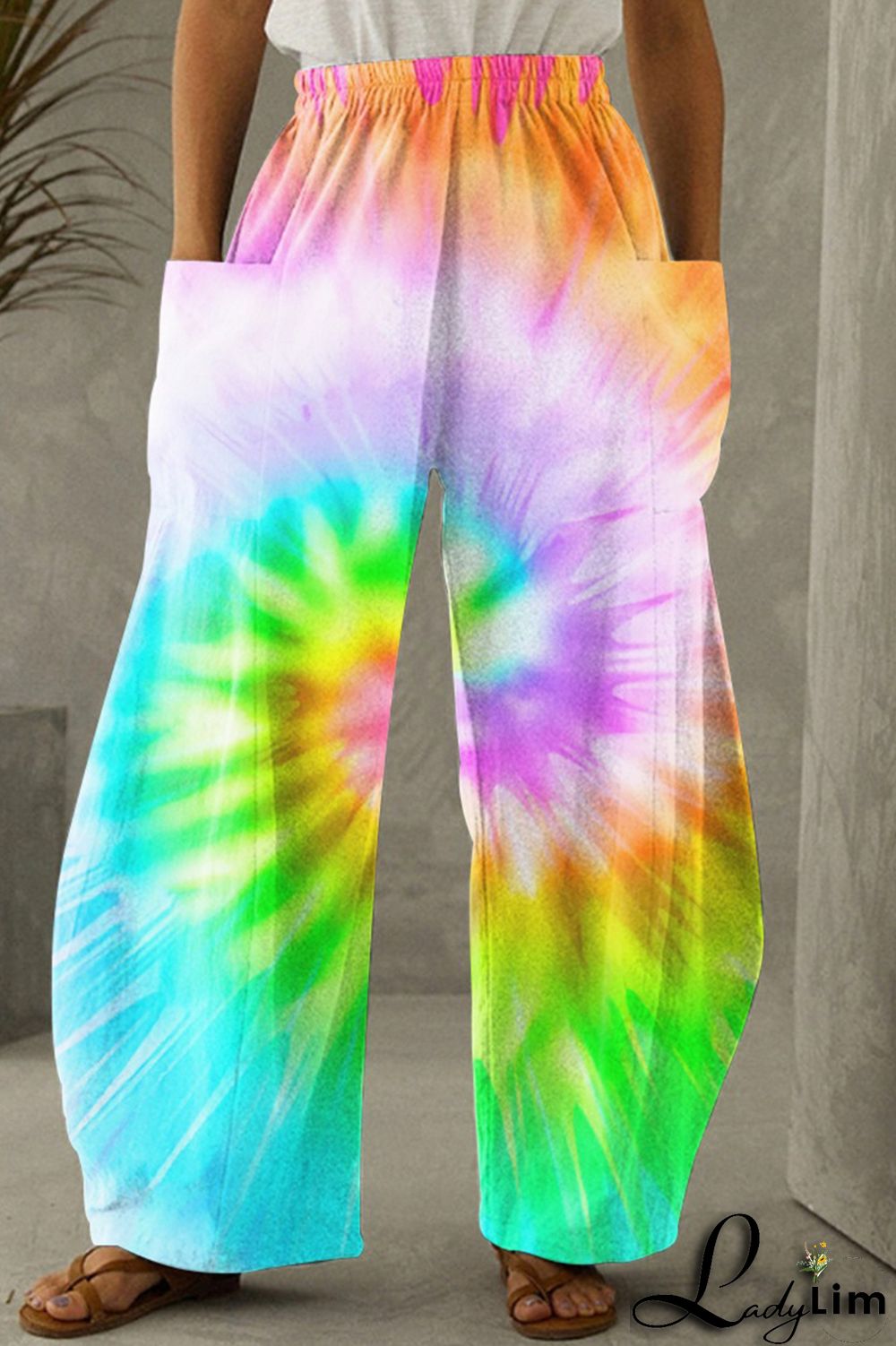 Dark Blue Fashion Casual Print Tie Dye Patchwork Regular High Waist Trousers