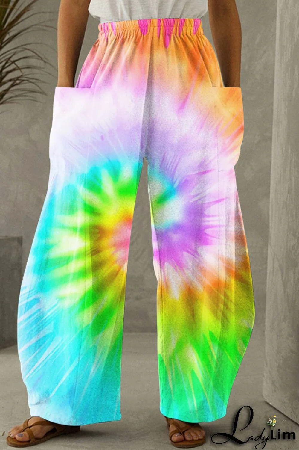 Dark Blue Fashion Casual Print Tie Dye Patchwork Regular High Waist Trousers