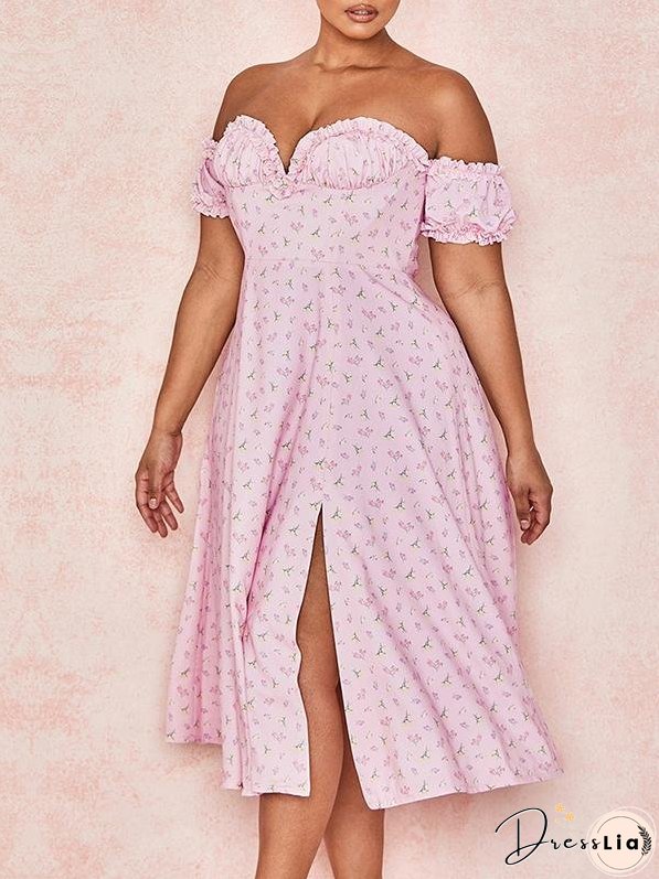 Card Shoulder Printed High Split Midi Dress