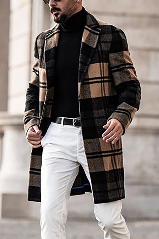 Tiboyz Plaid Printed Wool Casual Mid-Length Men's Winter Coat