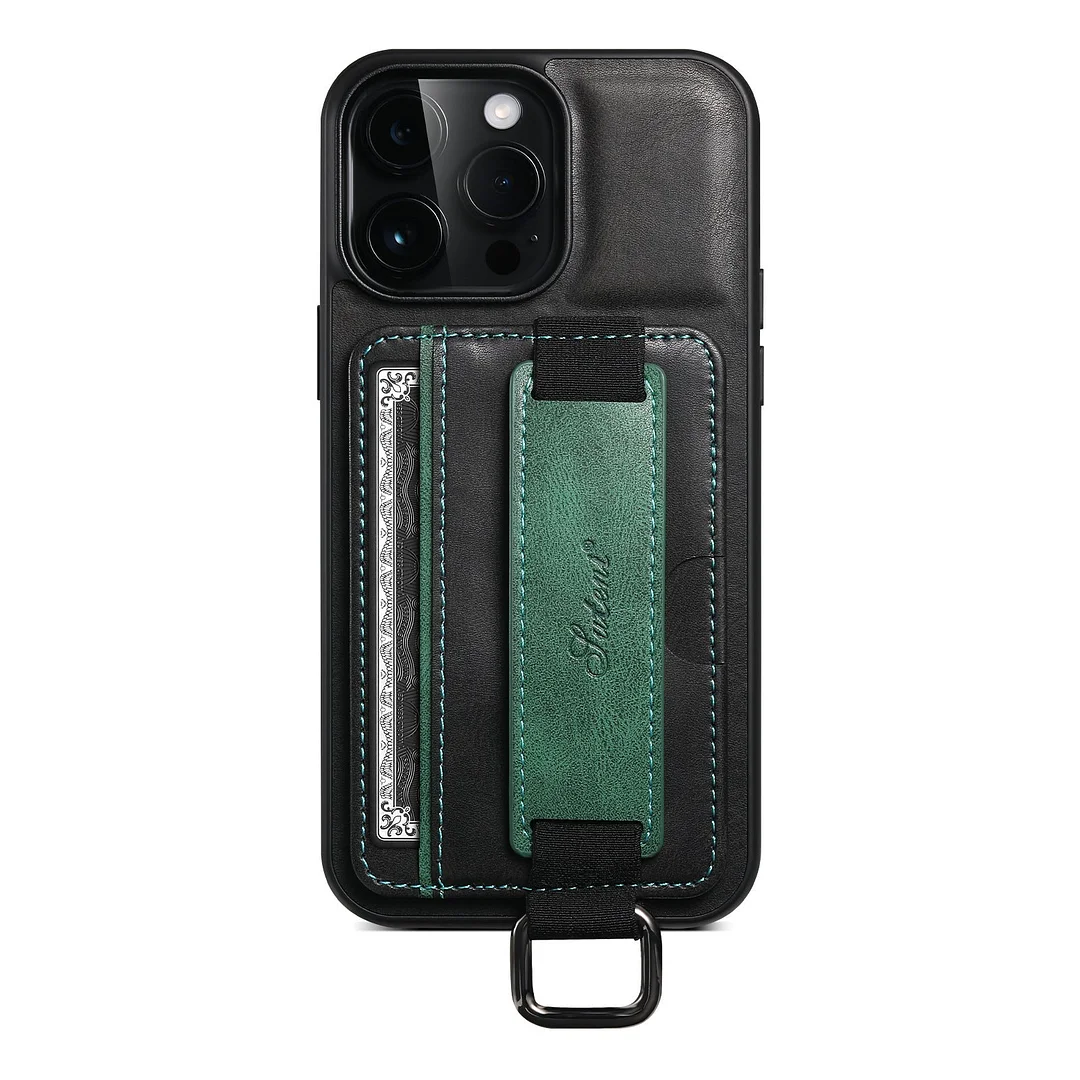 Leather case with card slot, hand strap, back cover for iPhone