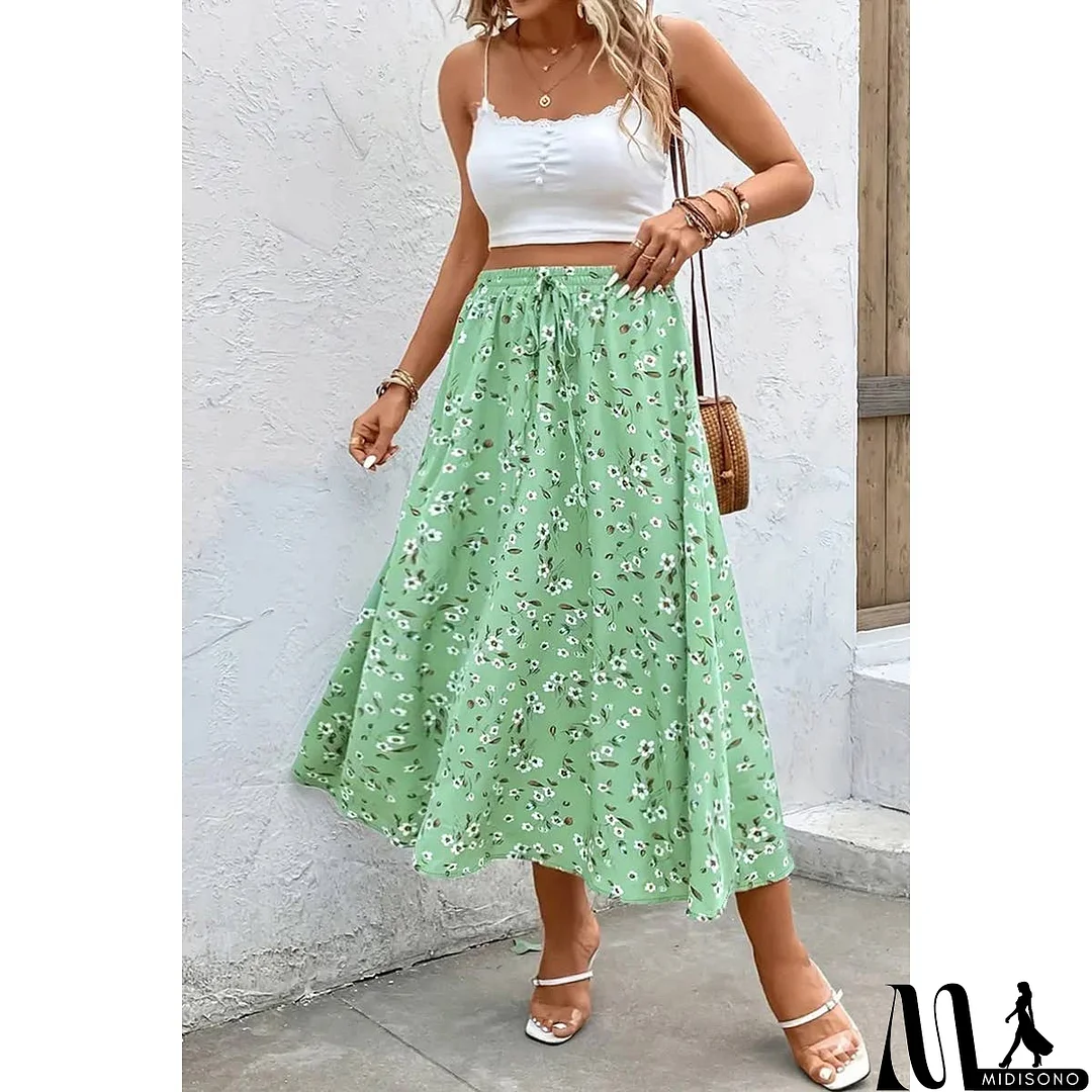 MidiSono - Plus Floral Print Drawstring Waist Fit Skirt